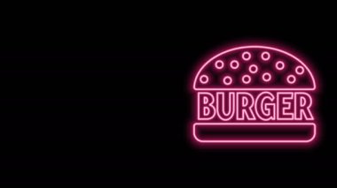 Parlayan neon hattı Burger simgesi siyah arkaplanda izole edildi. Hamburger ikonu. Çizburger sandviç tabelası. 4K Video hareketli grafik canlandırması