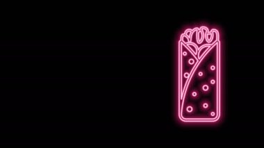 Parlayan neon hattı Burrito simgesi siyah arkaplanda izole edildi. Geleneksel Meksika fast food 'u. 4K Video hareketli grafik canlandırması