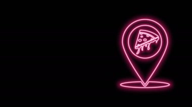Siyah arka planda izole edilmiş, fast food dilimli pizza ikonu ile parlayan neon hattı haritası. Pizzacı konumu simgesi. Pizza kafe ve restoran tabelası. 4K Video hareketli grafik canlandırması