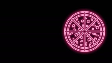 Parlayan neon hattı pizza simgesi siyah arkaplanda izole edildi. 4K Video hareketli grafik canlandırması