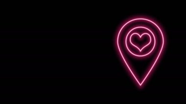 Siyah arkaplanda kalp simgesi izole edilmiş parlak neon çizgisi haritası. 4K Video hareketli grafik canlandırması