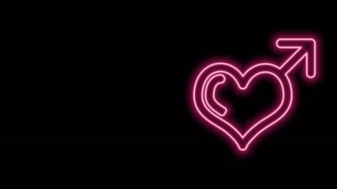 Parlayan neon hattı erkek cinsiyet sembolü ve kalp ikonu siyah arkaplanda izole edilmiş. 4K Video hareketli grafik canlandırması