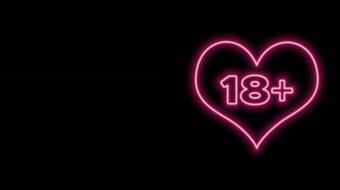 Parlayan neon hattı 18 artı içerik kalp simgesi siyah arkaplanda izole. Yetişkinlerin içeriği sadece simgedir. 4K Video hareketli grafik canlandırması