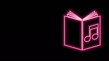 Parlayan neon hattı Ses kitabı simgesi siyah arkaplanda izole edildi. Kitaplı müzikal nota. Ses rehberi işareti. Çevrimiçi öğrenme kavramı. 4K Video hareketli grafik canlandırması