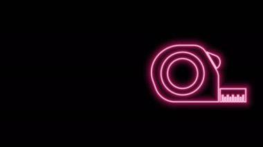Parlayan neon hattı Rulet inşaat ikonu siyah arka planda izole edildi. Mezura ölçüm sembolü. 4K Video hareketli grafik canlandırması