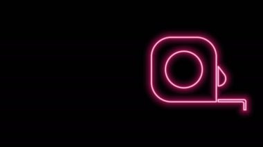Parlayan neon hattı Rulet inşaat ikonu siyah arka planda izole edildi. Mezura ölçüm sembolü. 4K Video hareketli grafik canlandırması