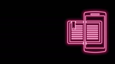 Parlayan neon hattı Smartphone ve kitap simgesi siyah arkaplanda izole edildi. Çevrimiçi öğrenme ya da e-öğrenme kavramı. 4K Video hareketli grafik canlandırması