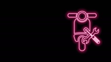 Siyah arka planda izole edilmiş parlak neon çizgili Scooter tornavida ve anahtar ikonu. Ayarlama, servis, ayar, bakım, onarım, onarım. 4K Video hareketli grafik canlandırması