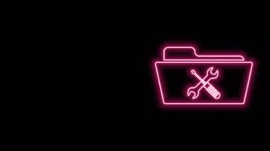 Siyah arkaplanda izole edilmiş, tornavida ve anahtar simgesiyle parlayan neon hattı dizini. Ayarlama, servis, ayar, bakım, onarım, onarım. 4K Video hareketli grafik canlandırması
