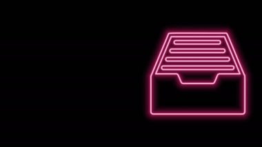Siyah arkaplanda izole edilmiş belge simgesiyle parlayan neon hattı Çekmecesi. Arşiv çekmecesi. Dosya dolabı çekmecesi. Ofis mobilyası. 4K Video hareketli grafik canlandırması