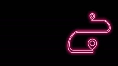 Parlayan neon hattı rota simgesi siyah arkaplanda izole edildi. Harita işaretçisi işareti. Yol ya da yol kavramı. GPS navigatörü. 4K Video hareketli grafik canlandırması