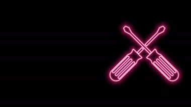 Parlayan neon hattı siyah arkaplanda çapraz tornavida simgesi izole edildi. Servis aracı sembolü. 4K Video hareketli grafik canlandırması