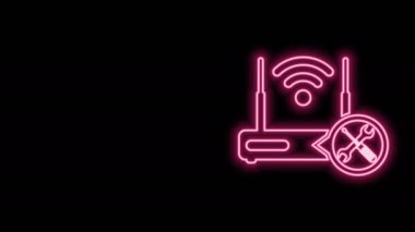 Siyah arka planda izole edilmiş, tornavida ve anahtar ikonlu parıldayan neon hattı Router kablosuz ağ. Ayarlama, servis, ayar, bakım, onarım, onarım. 4K Video hareketli grafik canlandırması