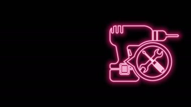 Siyah zemin üzerinde izole edilmiş, tornavida ve anahtar ikonu olan parlak neon çizgili matkap makinesi. Ayarlama, servis, ayar, bakım, onarım, onarım. 4K Video hareketli grafik canlandırması