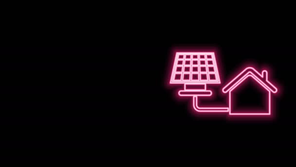 Lumineux néon ligne Maison avec icône de panneau solaire isolé sur fond noir. Écologie, énergie solaire renouvelable. Maison écologique. Protection de l'environnement. Animation graphique de mouvement vidéo 4K — Video