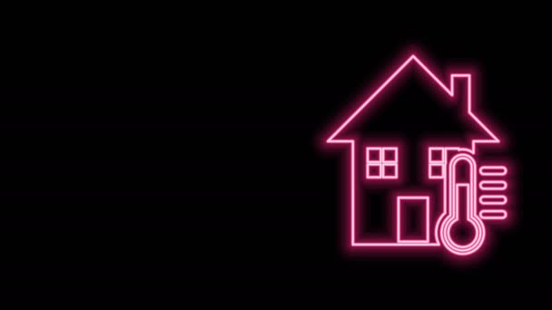 Glowing neon line House temperature icon isolated on black background. Thermometer icon. 4K Video motion graphic animation — Stock Video