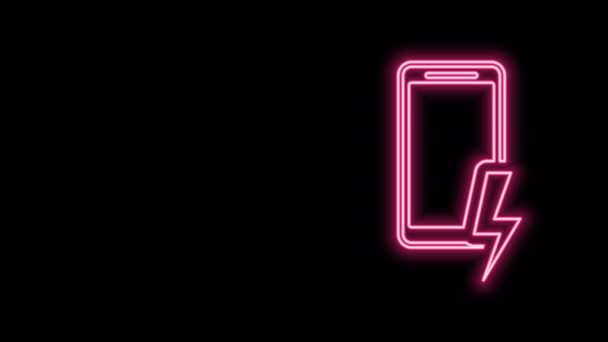 Linea neon incandescente icona della batteria di ricarica Smartphone isolata su sfondo nero. Telefono con carica a batteria scarica. Animazione grafica 4K Video motion — Video Stock