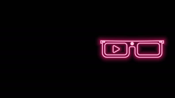 Siyah arkaplanda izole edilmiş gözlük simgesine yerleştirilmiş parlak neon çizgisi. Giyilebilir elektronik, akıllı gözlüklü, kameralı ve ekranlı. 4K Video hareketli grafik canlandırması — Stok video
