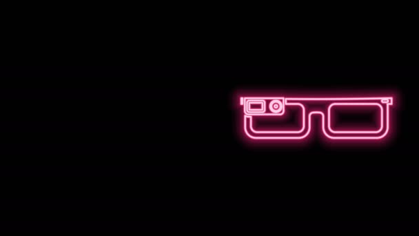 Línea de neón brillante Gafas inteligentes montadas en el icono de gafas aisladas sobre fondo negro. Gafas inteligentes de electrónica portátil con cámara y pantalla. Animación gráfica de vídeo 4K — Vídeos de Stock