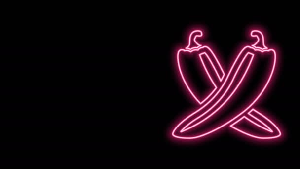 Glödande neon linje Crossed varm chili peppar pod ikon isolerad på svart bakgrund. Design för matvaror, kulinariska produkter, kryddor och kryddpaket. 4K Video motion grafisk animation — Stockvideo