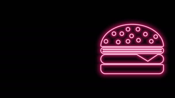 Parlayan neon hattı Burger simgesi siyah arkaplanda izole edildi. Hamburger ikonu. Çizburger sandviç tabelası. 4K Video hareketli grafik canlandırması — Stok video