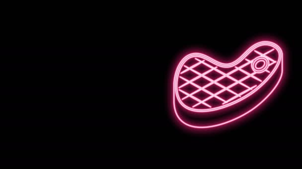 发光的霓虹灯线牛排肉图标孤立在黑色背景.4K视频运动图形动画 — 图库视频影像