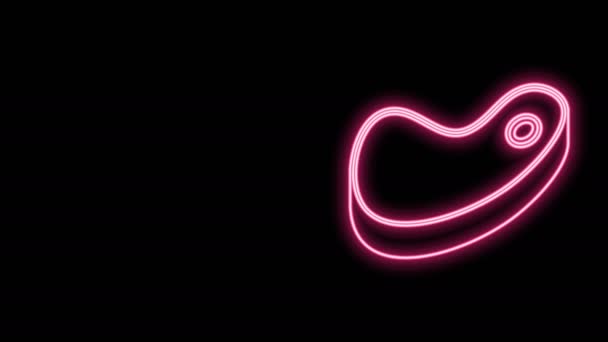 Leuchtendes neonfarbenes Steakfleisch-Symbol isoliert auf schwarzem Hintergrund. 4K Video Motion Grafik Animation — Stockvideo