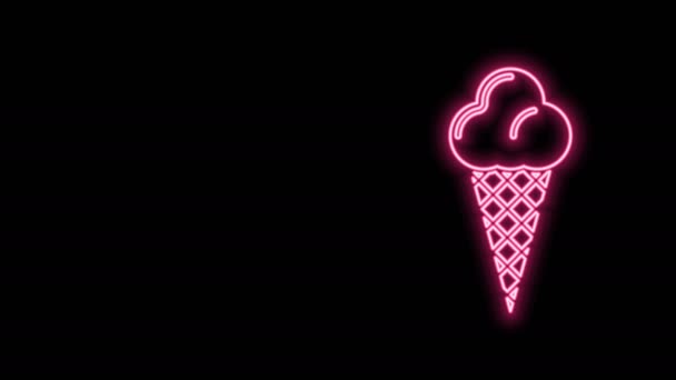 Świecące neonowe lody w ikonie stożka gofrowego izolowane na czarnym tle. Słodki symbol. 4K Animacja graficzna ruchu wideo — Wideo stockowe