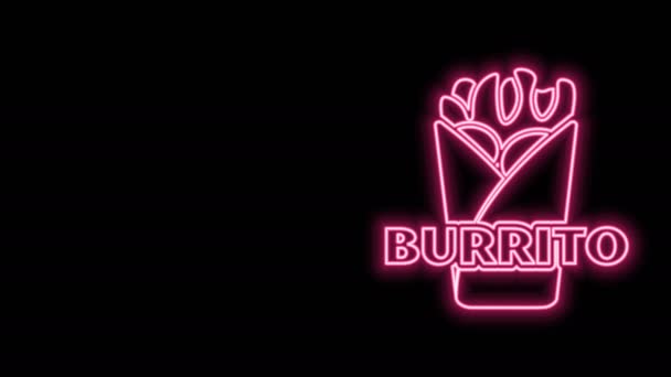 Светящаяся неоновая линия икона Буррито выделена на черном фоне. Традиционный мексиканский фаст-фуд. Видеографическая анимация 4K — стоковое видео