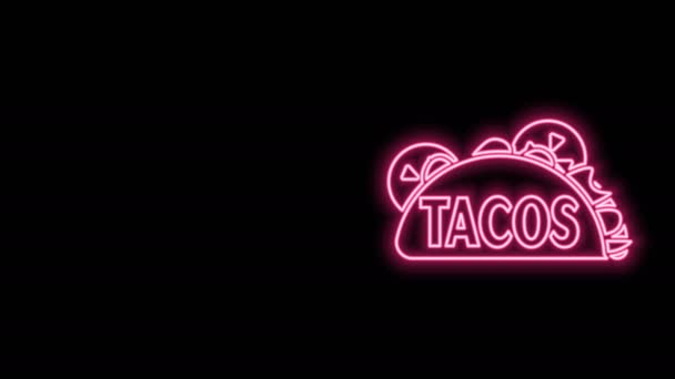 Taco de línea de neón brillante con icono de tortilla aislado sobre fondo negro. Comida rápida mexicana tradicional. Animación gráfica de vídeo 4K — Vídeos de Stock