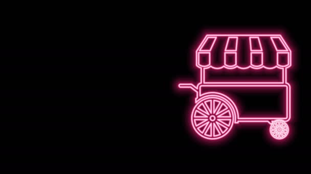 Ragyogó neon vonal Gyors utcai élelmiszer kocsi napellenző ikon elszigetelt fekete háttérrel. Városi kioszk. 4K Videó mozgás grafikus animáció — Stock videók