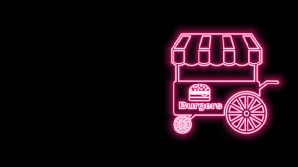 Ragyogó neon vonal Gyors utcai élelmiszer kocsi napellenző ikon elszigetelt fekete háttérrel. Burger vagy hamburger ikon. Városi kioszk. 4K Videó mozgás grafikus animáció — Stock videók