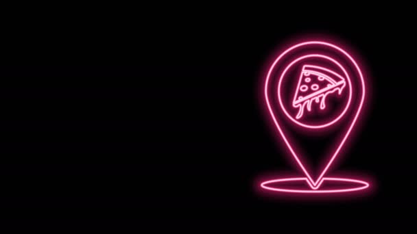Glowing neon line Map pointer with fast food slice pizza icon isolated on black background. Pizzeria location icon. Pizza cafe and restaurant marker. 4K Video motion graphic animation — Stock Video
