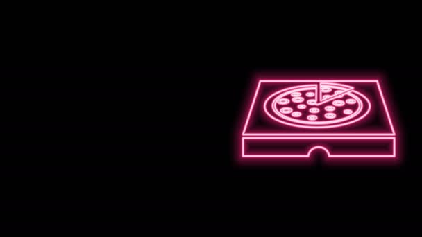 Zářící neonová linka Pizza v papírové krabici ikony izolované na černém pozadí. Box s prvky rozložení. Grafická animace pohybu videa 4K — Stock video