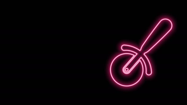 发光的霓虹灯线比萨刀图标孤立在黑色背景.披萨刀的标志。钢制厨房用具.4K视频运动图形动画 — 图库视频影像