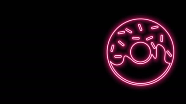 Linha de néon brilhante Donut com ícone de esmalte doce isolado no fundo preto. Animação gráfica em movimento de vídeo 4K — Vídeo de Stock