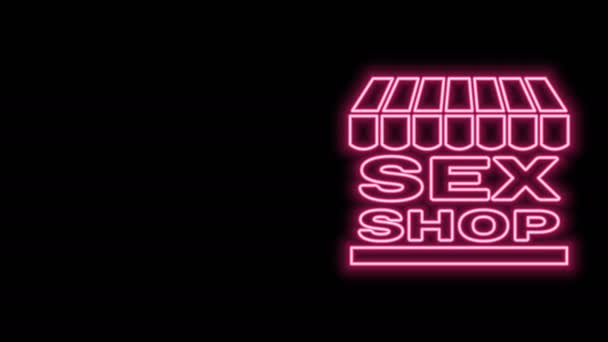 Lumineux néon ligne Sex shop bâtiment avec icône auvent rayé isolé sur fond noir. Sex shop, sex store en ligne, concept de produits érotiques pour adultes. Animation graphique de mouvement vidéo 4K — Video