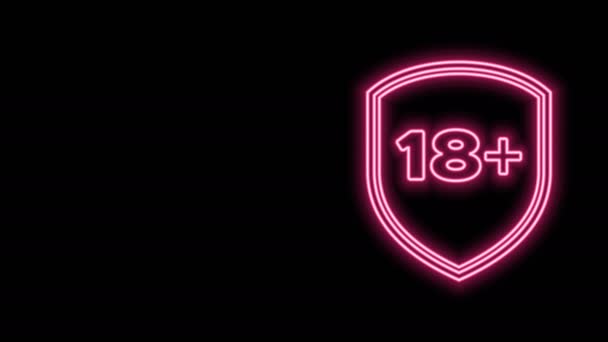 Világító neon vonal pajzs felirattal 18 plusz ikon elszigetelt fekete háttérrel. Csak felnőtteknek. Védelem, biztonság, védelem, védelem. 4K Videó mozgás grafikus animáció — Stock videók