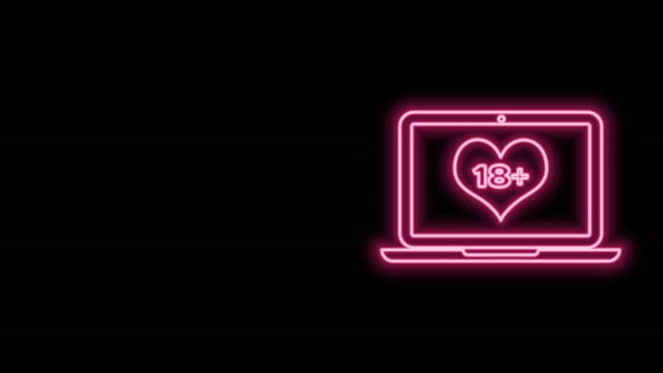 Glowing neon line Laptop computer with 18 plus content heart icon isolated on black background. Age restriction symbol. 18 plus content sign. Adult channel. 4K Video motion graphic animation — Stock Video