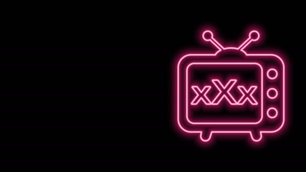 Glödande neon line Sex tv gammal tv-ikon isolerad på svart bakgrund. Åldersgräns symbol. 18 plus innehållsskylt. Vuxenkanal. 4K Video motion grafisk animation — Stockvideo