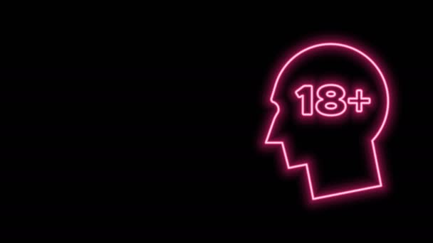 Gloeiende neon lijn Menselijk hoofd met inscriptie 18 plus pictogram geïsoleerd op zwarte achtergrond. 18 plus inhoud teken. Volwassenen inhoud alleen pictogram. 4K Video motion grafische animatie — Stockvideo