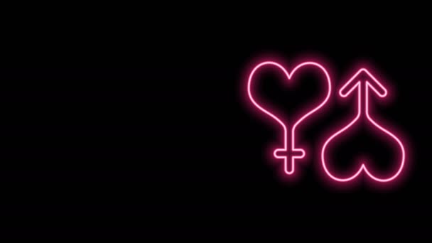 Brillante línea de neón icono del corazón símbolo masculino y femenino aislado sobre fondo negro. Símbolo de género. Animación gráfica de vídeo 4K — Vídeo de stock