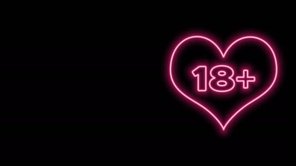 Gloeiende neon lijn 18 plus inhoud hart pictogram geïsoleerd op zwarte achtergrond. Volwassenen inhoud alleen pictogram. 4K Video motion grafische animatie — Stockvideo
