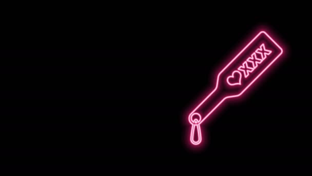 Zářící neonová čára Plácací pádlo ikona izolované na černém pozadí. Fetišistický doplněk. Sexuální hračka pro dospělé. Grafická animace pohybu videa 4K — Stock video