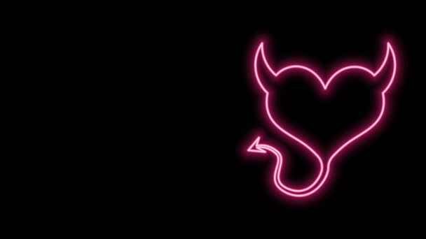 Linha de néon brilhante Coração de diabo com chifres e um ícone de cauda isolado no fundo preto. Símbolo do dia dos namorados. Animação gráfica em movimento de vídeo 4K — Vídeo de Stock