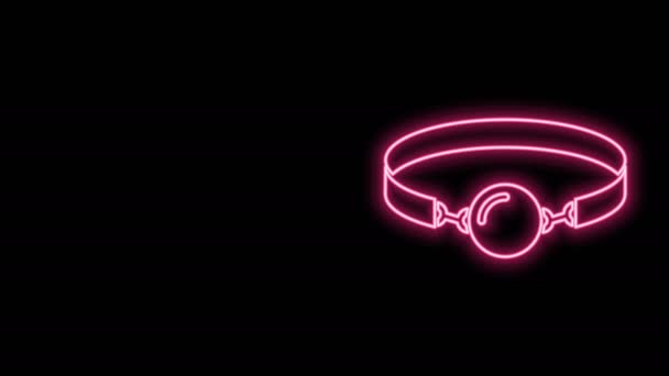 Linha de néon brilhante Bola de silicone mordaça com um ícone de cinto de couro isolado no fundo preto. Um acessório fetichista. Brinquedo sexual para homens e mulheres. Animação gráfica em movimento de vídeo 4K — Vídeo de Stock