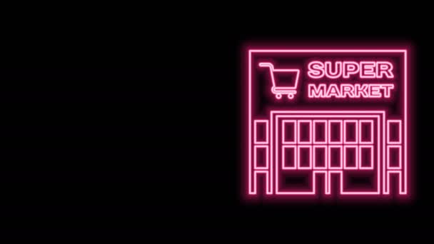 黒を背景に孤立したショッピングカートのアイコンとネオンラインスーパーマーケットの建物を光る。買い物や店。モールビルだ。4Kビデオモーショングラフィックアニメーション — ストック動画