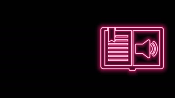 Glödande neon line Ljud bok ikon isolerad på svart bakgrund. Ljudvägvisare. Online lärande koncept. 4K Video motion grafisk animation — Stockvideo