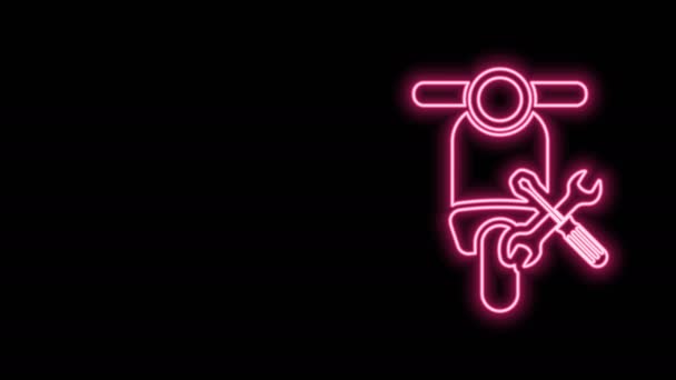 Linha de néon brilhante Scooter com chave de fenda e ícone de chave isolada no fundo preto. Ajuste, serviço, configuração, manutenção, reparação, fixação. Animação gráfica em movimento de vídeo 4K — Vídeo de Stock