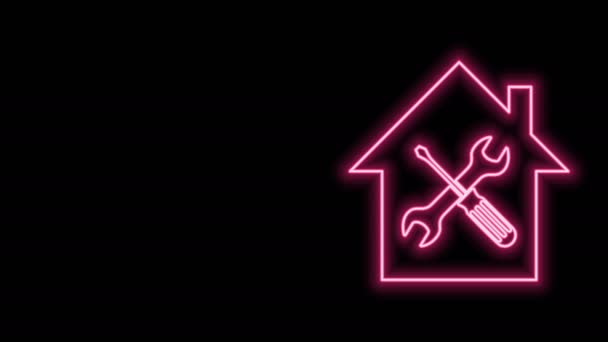 Glowing neon line House or home with screwdriver and wrench icon isolated on black background. Adjusting, service, setting, maintenance, repair, fixing. 4K Video motion graphic animation — Stock Video